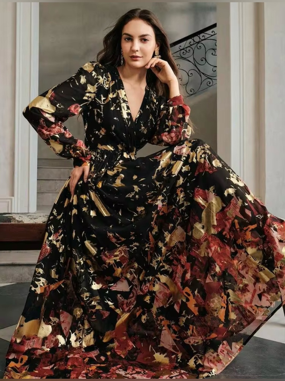 Black, Red, Gold Floral Accent Long Sleeve Maxi Dress with V-Neck